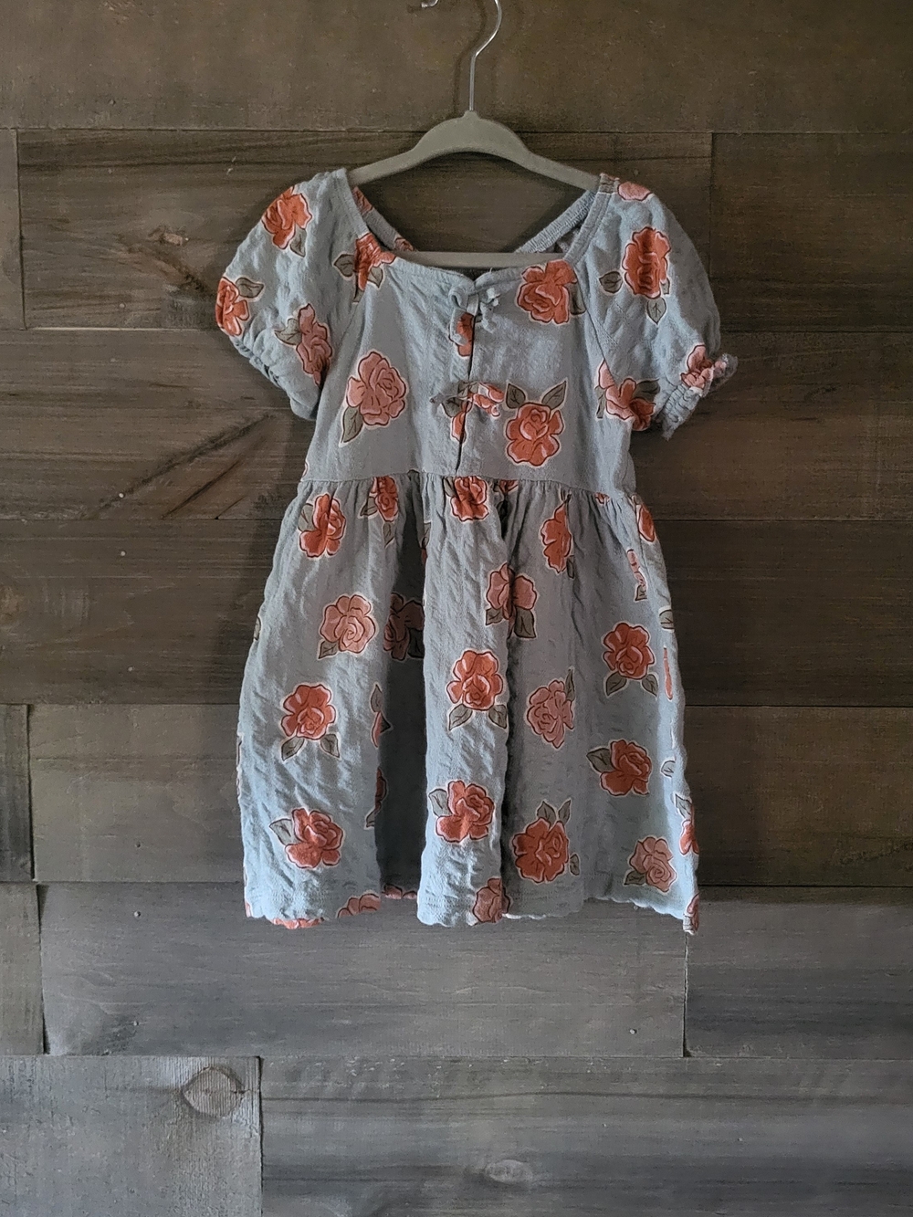 Floral Organic Cotton Girls Dress Blue, Pink, Coral 2T Puff Sleeves